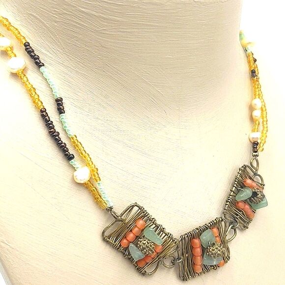 Boho Natural Pearls,  Glass Beads & Wire Wrapped Accent Necklace - Picture 5 of 8